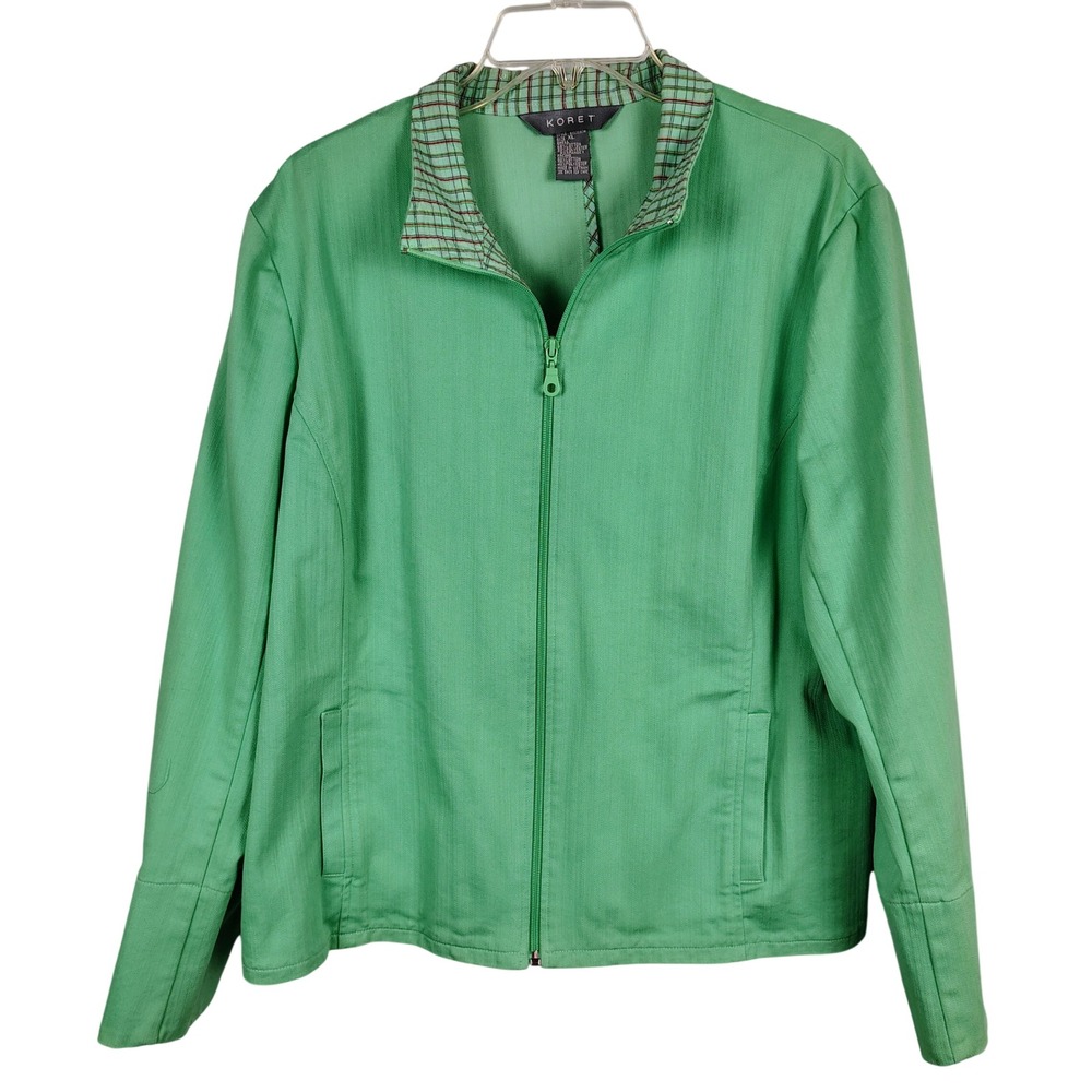 Koret Womens XL Zip Front Jacket Green Cotton Blend Plaid Trim Gorpcore